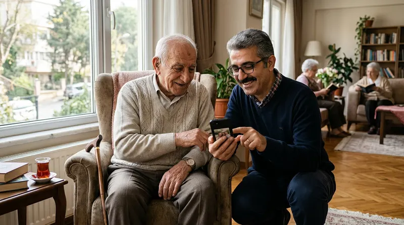 Huzurevinin oturma odasında koltukta yaşlı bir sakin ve ona telefonundan bir şey gösteren yakını; temsili görsel